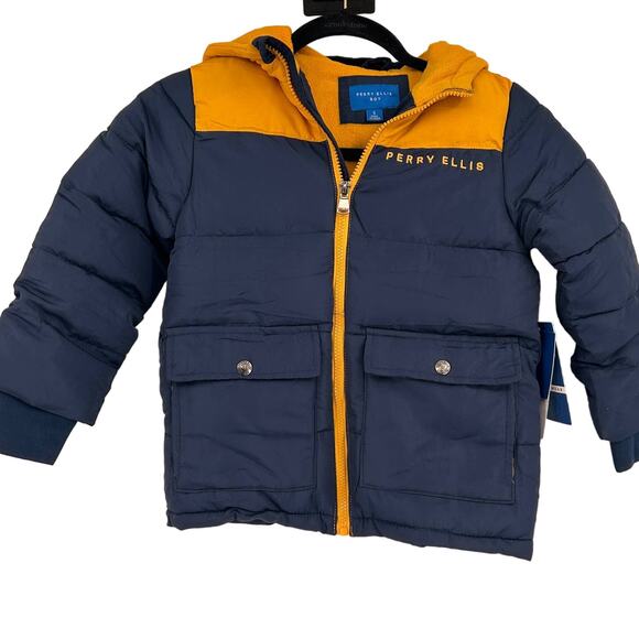 Perry Ellis Navy & Yellow Puffer Boy's Jacket Size 5 New with tags - Picture 1 of 7